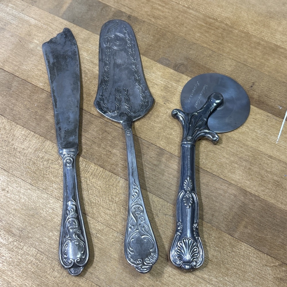 Vintage Silverplate Serving Utensil Lot Sheffield Pizza Cutter Cake Server Knife